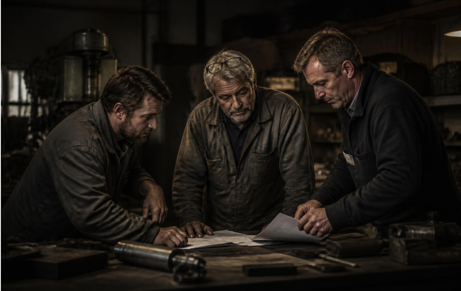Long-tenured employees and a manager reviewing plans in an established shop
